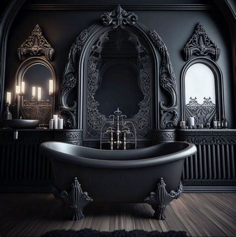 An Old Fashioned Bathtub In A Dark Bathroom With Mirrors And Candles On