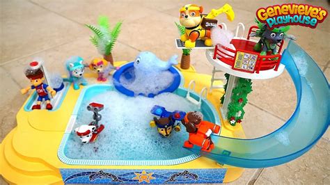 cute kids playhouse Paw patrol pool time bubble bath with genevieve!