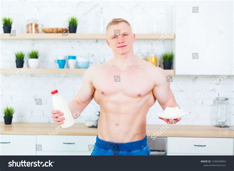 Muscular Man Naked Torso Kitchen Milk Stock Photo 1204540894 Shutterstock