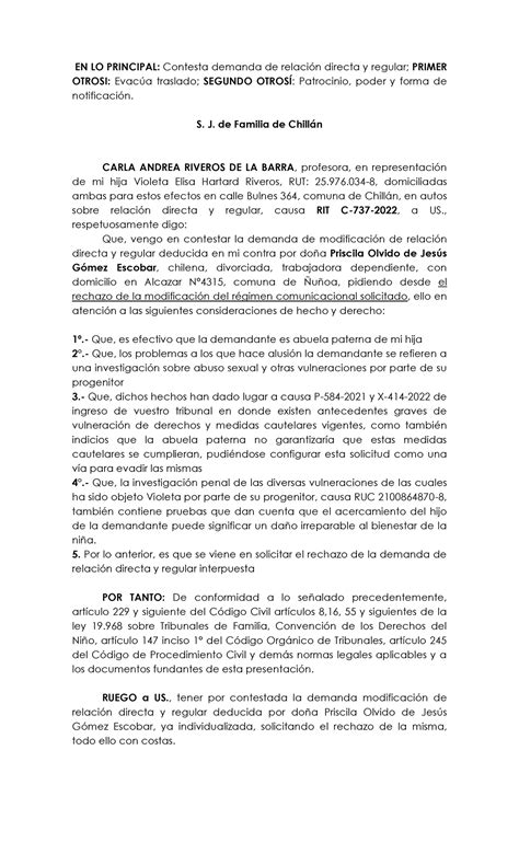 Contesta Demanda Relacion Directa Y Regular En Lo Principal Contesta