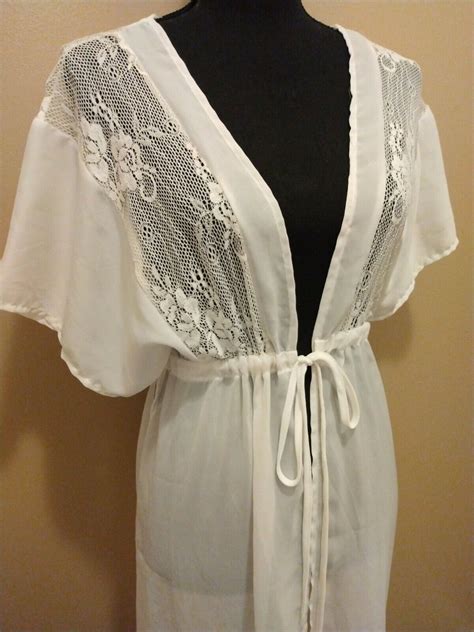 Vintage White Sheer Lace Robe Lingerie Bathing Suit C Gem