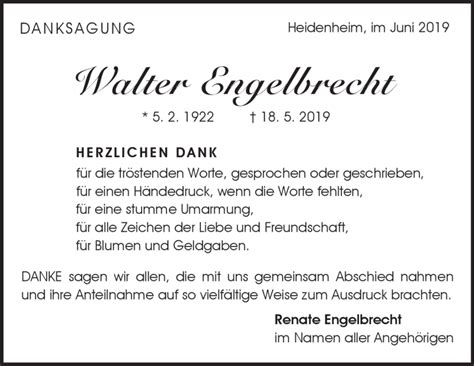 Traueranzeigen Von Walter Engelbrecht Trauer Hz De