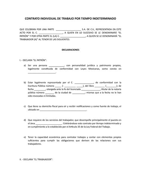 Formato De Contrato Individual De Trabajo Contrato Individual De