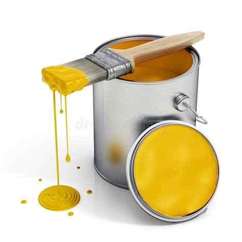 Open Paint Can And Brush With Dripping Yellow Paint Isolated On White