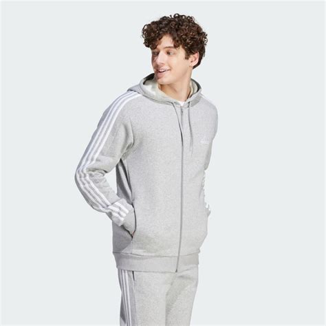 Adidas Essentials Fleece 3 Stripes Full Zip Hoodie Grey Adidas Tz