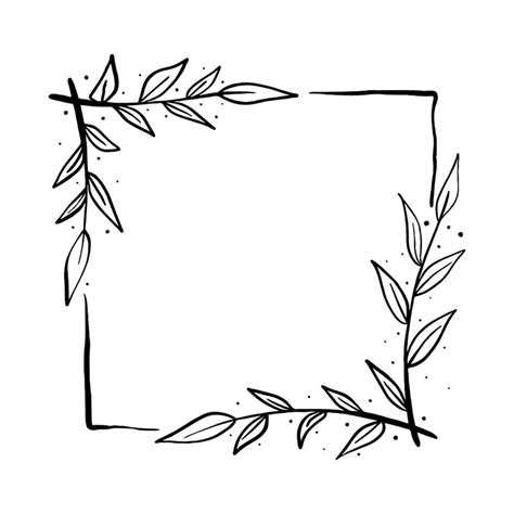 Black Line Square Frame With Leaves Vector Illustration For Decorate