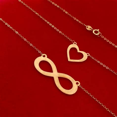 18k Real Gold Infinity With Heart Necklace Bracelet And Earring