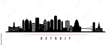 Detroit City skyline horizontal banner. Black and white silhouette of Detroit City, Michigan ...