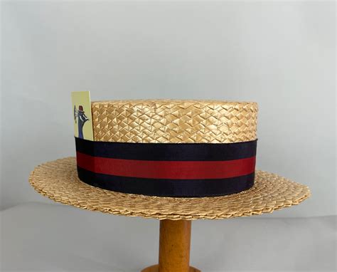 1920s Lazy Summer Day Boater Vintage 20s Pressed Straw Hat With Blue