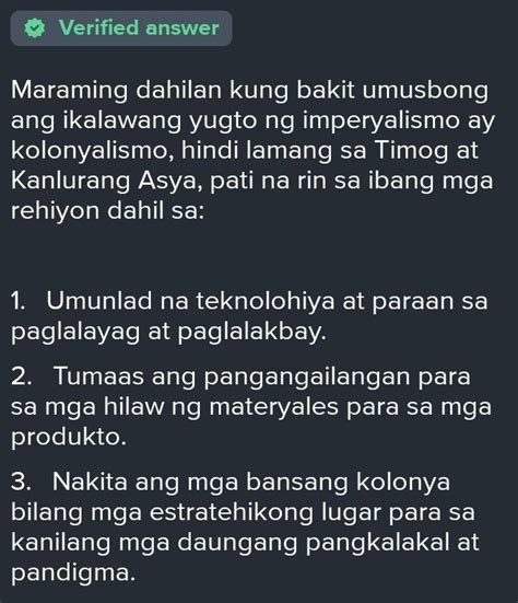 Ano Ang Dahilan Ng Ikalawang Yugto Ng Kolonyalismo O Imperyalismo