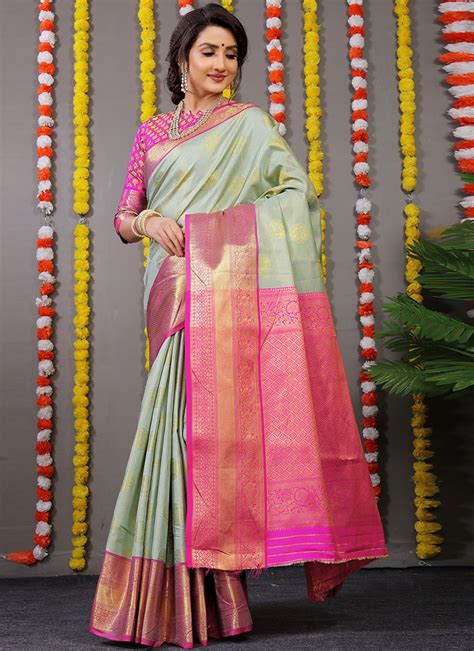 Shop Zari Work Pista Green Color Patola Silk Saree Festive Wear Online