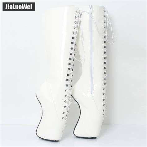 Jialuowei 18cm High Heel Pointed Toe Sexy Fetish Heelless Hoof Heel Lace Up Zip Pu Leather Knee