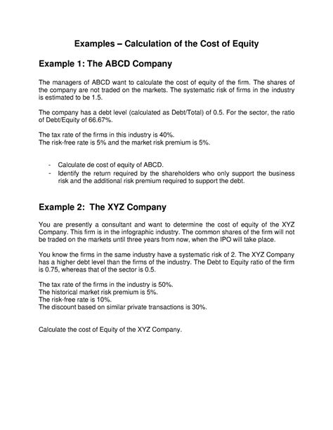 Example Calculation Of The Cost Of Equity Examples Calculation Of The Cost Of Equity Example