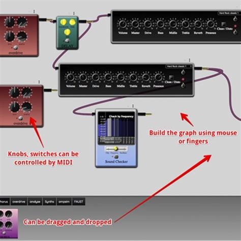 Virtual pedal board. Effects pedals and two instances of the guitar amp ...