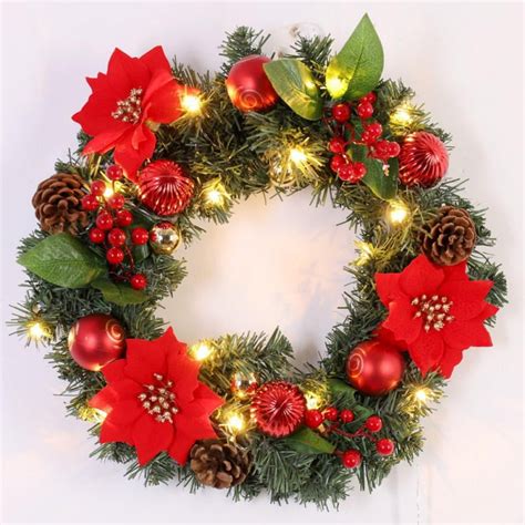 16 Inch Pre Lit Christmas Wreath With Metal Hanger Large Red Bow And Colored Balls Battery