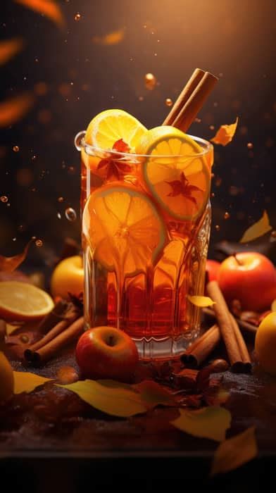 A mobile wallpaper of hot apple cider with cinnamon sticks