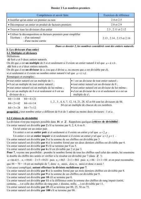 Dossier Les Nombres Premiers Comp Tences Et Savoir Faire