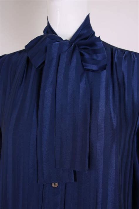 Vintage Yves Saint Laurent Blue Striped Silk Blouse W Pussy Bow At 1stDibs