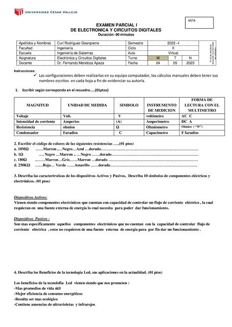 Examen Circui Pa Ustedes NOTA EXAMEN PARCIAL I DE ELECTRONICA Y