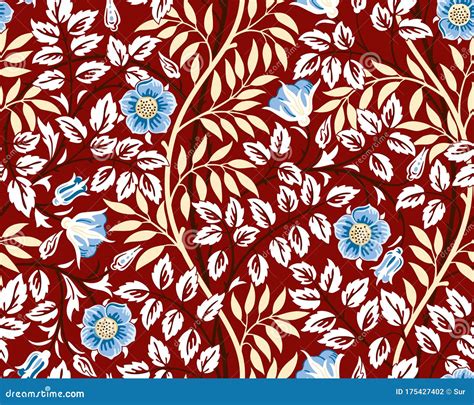 Vintage Floral Seamless Pattern With Blue Flowers And Foliage On