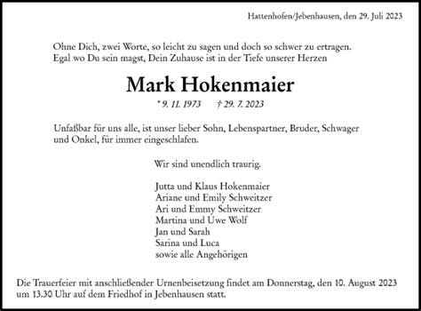 Traueranzeigen Von Mark Hokenmaier S Dwest Presse Trauer