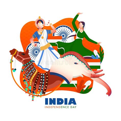 Indian Women In Different Dancing Pose With Ashoka Wheel On Indian Flag