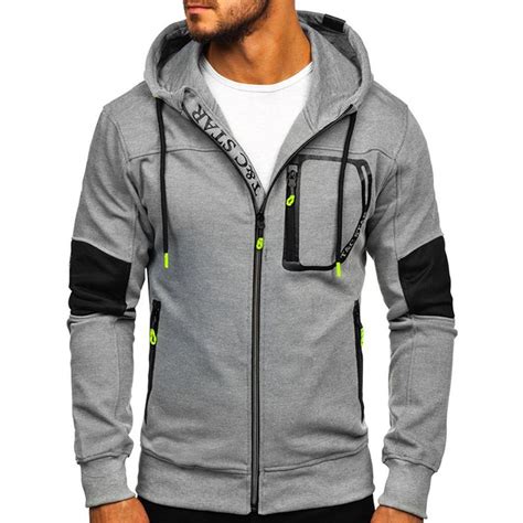 Stitching Chest Zipper Pocket Zip Up Hoodie Maxgonia Mens