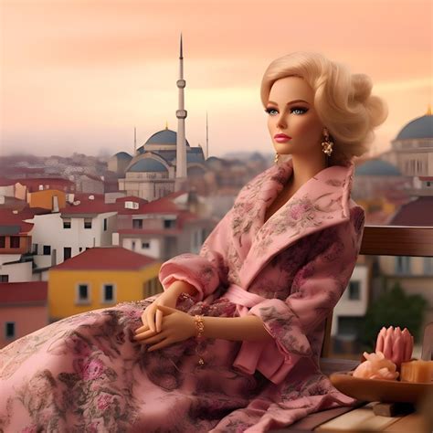Premium AI Image Cute Blonde Barbie Wearing A Pink Clothing Against Arabic City Background