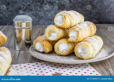 Pyramid Of A Puff Pastry Creme Rolle With Cream Traditional Cze Stock