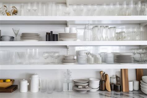 Clean And Stylish Dishware And Glassware Arrangement With Open Shelving Ai Generated