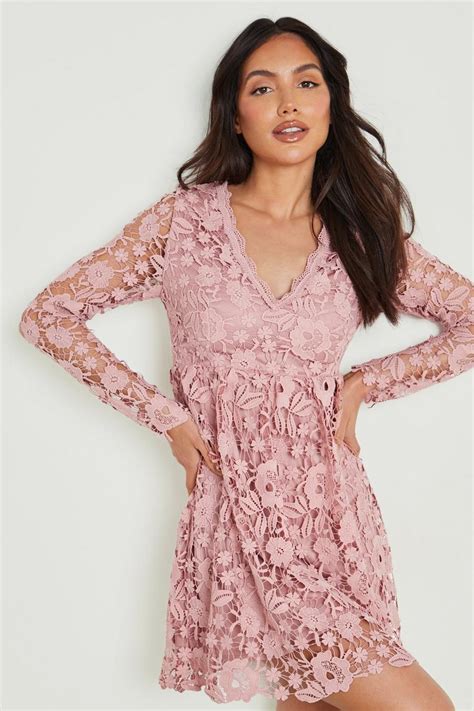 Long Sleeve Crochet Lace Mini Skater Dress Boohoo