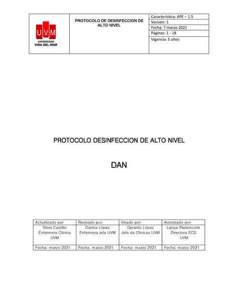 Desinfección de Alto Nivel PROTOCOLO DE DESINFECCION DE ALTO NIVEL