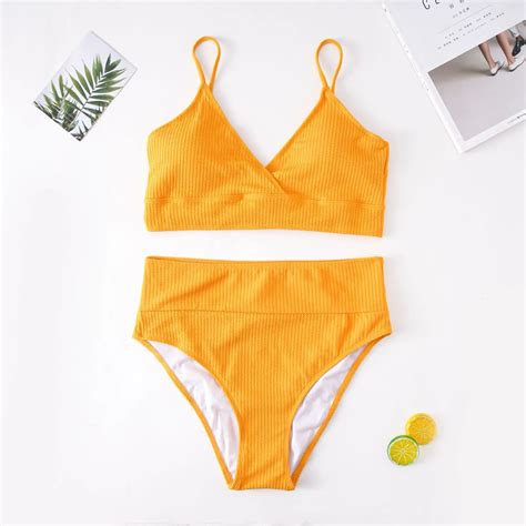 Beach Series Womens Swimwear High Waist Bikini Set Solid Color Plus Size Big Breast V Neck