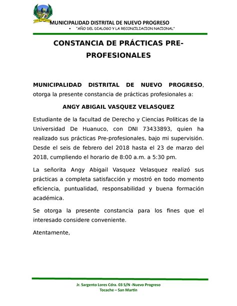 Constancia DE Prácticas PRE MUNICIPALIDAD DISTRITAL DE NUEVO PROGRESO