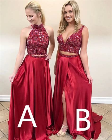 Sparkly Rhinestones Beaded Dark Red Prom Dress 2017 Two Pieces New