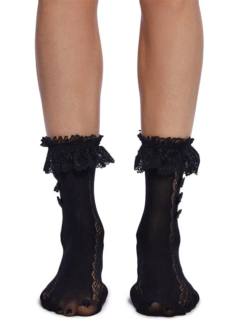 Pointelle Knit Ruffle Lace Bow Crew Socks Black Dolls Kill