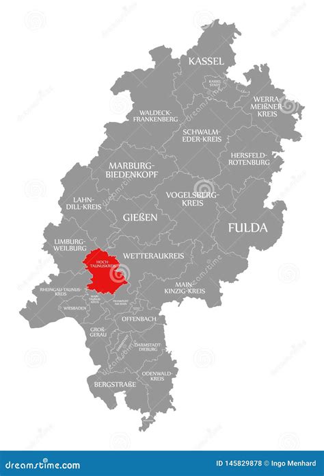 Hochtaunuskreis County Red Highlighted In Map Of Hessen Germany Stock