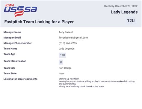 Team Looking for a Player – Iowa Fastpitch – USSSA