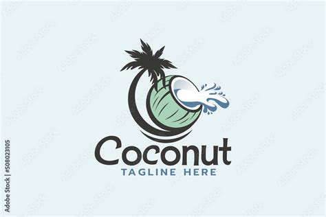 coconut logo with coconut tree and spilled coconut water. Stock Vector ...