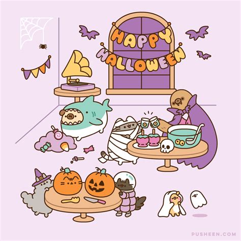 A Cartoon Halloween Scene With Pumpkins Cats And Other Items On The