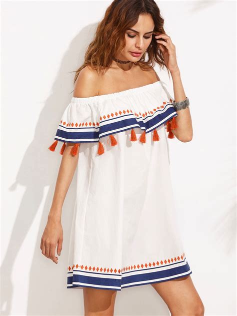 Multicolor Print Tassel Ruffle Off The Shoulder Shift Dress SheIn