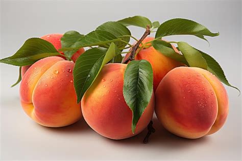 Premium Vector Ripe Peach Fruits With Green Leaves Isolated On White