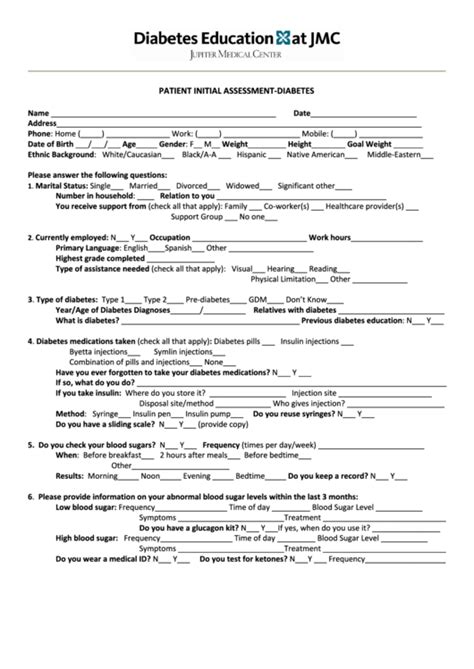 Printable Diabetes Assessment Form Printable Forms Free Online