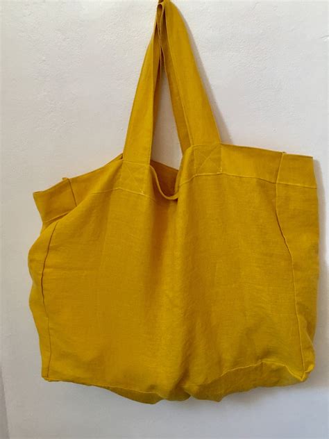 Sac cabas en Lin couleur jaune moutarde parfait pour marché plage