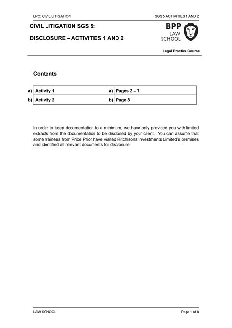 Civil Litigation SGS 5 Activities 1 And 2 LPC CIVIL LITIGATION SGS 5