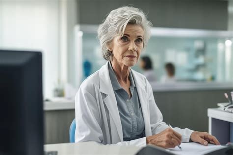 Retrato de uma idosa trabalhadora médica de cabelos grisalhos ou