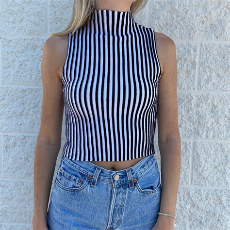 Y2k Mock Neck Ribbed Tank Top Black White Striped Beautiful Etsy