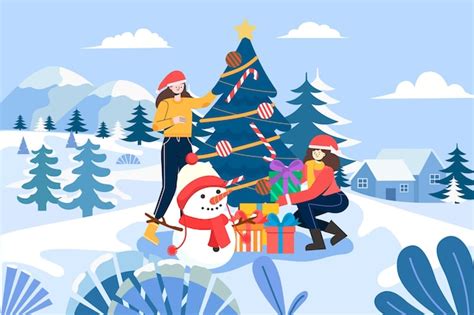 Ilustración de hermanas celebrando la navidad Vector Premium