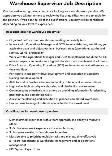 Warehouse Supervisor Job Description Velvet Jobs