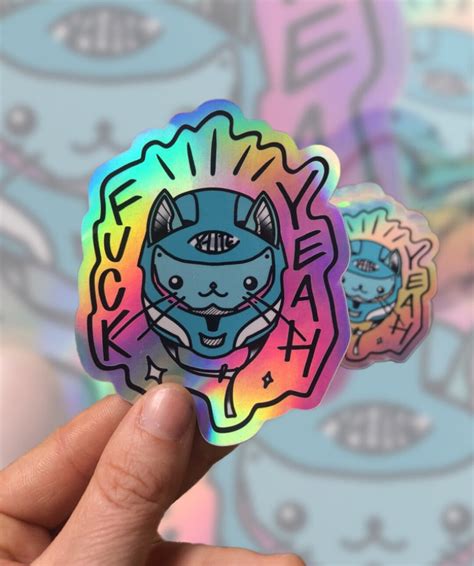 Holographic Fuck Yeah Cute Biker Cat Sticker X Cm Etsy
